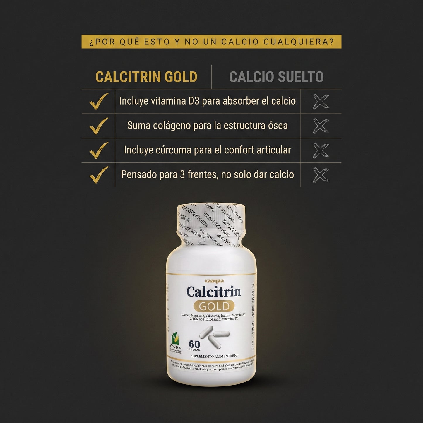 Calcitrin Gold™ — Cápsulas de Calcio y Colágeno para la Salud Ósea y Articular